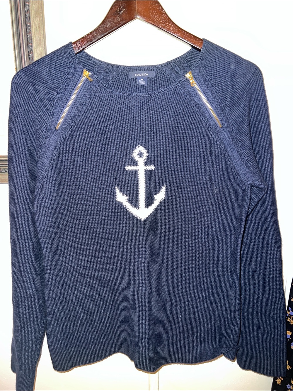 Nautica Navy Crewneck Sweater with White Anchor & Gold Zippers.